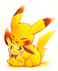 Rule 34 | blush, brown eyes, closed eyes, closed mouth, creatures (company), evolutionary line, frown, game freak, gen 1 pokemon, gen 2 pokemon, happy, nintendo, pichu, pichu no hito, pikachu, pokemon, pokemon (creature), sitting, smile