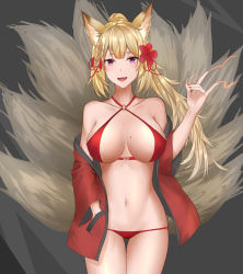 Rule 34 | 1girl, :d, animal ears, bikini, blonde hair, breasts, fang, flower, fox ears, fox tail, gaitoou, grey background, groin, hair flower, hair ornament, hand in pocket, hand up, highres, kayou (sennen sensou aigis), large breasts, looking at viewer, mole, mole on breast, nail polish, navel, open mouth, ponytail, purple eyes, red bikini, red nails, sennen sensou aigis, simple background, smile, solo, standing, swimsuit, tail