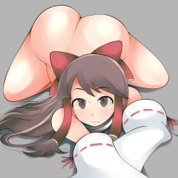 Rule 34 | 1girl, :|, all fours, ass, bad id, bad pixiv id, black eyes, bow, brown eyes, brown hair, closed mouth, detached sleeves, expressionless, female focus, grey background, hair bow, hair ornament, hair tubes, hakurei reimu, huge ass, long hair, looking at viewer, lying, nude, odoriyama gorou, simple background, solo, top-down bottom-up, touhou