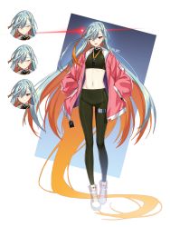 Rule 34 | 1girl, absurdly long hair, absurdres, black shirt, buckle, colored inner hair, controlline3, counter:side, crop top, expressions, flat chest, full body, grey hair, hands in pockets, high tops, highres, jacket, leggings, long hair, long sleeves, looking at viewer, midriff, multicolored hair, navel, one eye closed, open clothes, open jacket, open mouth, orange hair, pink jacket, red eyes, shirt, shoes, sigma (counter:side), smile, snap-fit buckle, sneakers, solo, thigh strap, turtleneck, very long hair