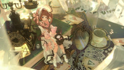 Rule 34 | 1girl, absurdres, ace (playing card), ace of hearts, ambience synesthesia, animal, antique phone, arknights, bonnet, book, boots, bow, bowtie, brown hair, card, dress, eyjafjalla (arknights), full body, heart, highres, holding, holding animal, kneehighs, long hair, looking at viewer, mirror, official alternate costume, oversized object, phone, pink bow, pink bowtie, pink dress, pink eyes, playing card, rhodes island logo (arknights), rotary phone, scenery, sheep, sitting, socks, solo, toto (caaaaarrot), twintails, very long hair, white footwear, white headwear, white socks