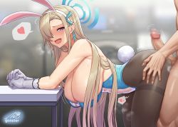 Rule 34 | 1boy, 1girl, animal ears, arms on table, artist name, asuna (blue archive), asuna (bunny) (blue archive), bent over, blonde hair, blue archive, blue eyes, blue leotard, blue ribbon, blurry, blurry background, breasts, brown pantyhose, censored, cleavage, commentary request, fake animal ears, fake tail, fang, feet out of frame, from side, furrowed brow, gloves, gonster, hair over one eye, hair over shoulder, hair ribbon, halo, hand on another&#039;s ass, hanging breasts, heart, huge breasts, imminent penetration, leotard, long hair, looking at viewer, meme attire, mole, mole on breast, mosaic censoring, open mouth, out of frame, pantyhose, penis, playboy bunny, rabbit ears, rabbit tail, ribbon, see-through, see-through leotard, signature, speech bubble, spoken heart, sweat, table, tail, thighband pantyhose, translucent bunnysuit, white gloves