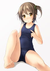 Rule 34 | 1girl, bare arms, bare legs, bare shoulders, barefoot, blue one-piece swimsuit, blush, breasts, brown eyes, brown hair, collarbone, commentary request, feet out of frame, green scrunchie, grey background, hair between eyes, hair ornament, hair scrunchie, hand up, highres, knee up, old school swimsuit, one-piece swimsuit, one side up, original, parted lips, school swimsuit, scrunchie, shadow, shibacha, sitting, small breasts, solo, swimsuit