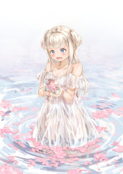 Rule 34 | 1girl, :d, absurdres, blue eyes, blush, cherry blossoms, crystal ball, day, dress, fumizuki lily, highres, open mouth, original, outdoors, ripples, see-through, sidelocks, smile, solo, two side up, wading, water, wet, white dress, white hair