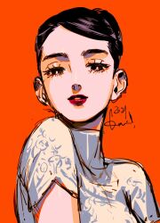 Rule 34 | 1girl, china dress, chinese clothes, close-up, commentary, commentary request, dated, dress, eyelashes, hair bun, highres, james yama no riran, kotteri, li lan, orange background, red lips, simple background, solo, upper body