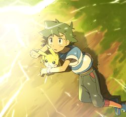 Rule 34 | 1boy, ame (ame025), ash ketchum, blue footwear, brown eyes, clenched hand, creatures (company), electricity, from above, game freak, gen 1 pokemon, glowing, grass, green hair, looking up, male focus, nintendo, outdoors, pants, pikachu, pokemon, pokemon (anime), pokemon (creature), pokemon sm (anime), shirt, shoes, short hair, short sleeves, striped clothes, striped shirt, sweatdrop, t-shirt, z-ring