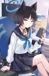 Rule 34 | 1girl, animal ears, black eyes, black hair, black nails, black sailor collar, black skirt, blue archive, blue halo, blue neckerchief, book, cat ears, cat tail, chair, fingernails, halo, highres, holding, holding book, indoors, kikyou (blue archive), long sleeves, looking at viewer, mi taro333, monitor, multiple tails, nail polish, neckerchief, parted lips, pleated skirt, sailor collar, short hair, sitting, skirt, solo, tail, tissue, tissue box, two tails