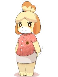 Rule 34 | 1girl, :&gt;, aaa (pixiv 70331378), absurdres, animal crossing, animal ears, animal feet, animal hands, arms at sides, barefoot, bell, blonde hair, blush stickers, body fur, bright pupils, brown eyes, buttons, closed mouth, collared shirt, dog ears, dog girl, dog tail, feet, female focus, flat chest, full body, furry, furry female, hair bell, hair ornament, hair tie, happy, highres, isabelle (animal crossing), jingle bell, leaf print, legs together, looking at viewer, miniskirt, nintendo, parted bangs, pencil skirt, pink shirt, shirt, short hair, short sleeves, simple background, skirt, smile, solo, standing, tail, topknot, two-tone fur, white background, white fur, white pupils, white skirt, yellow fur