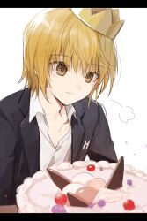Rule 34 | 1boy, puff of air, androgynous, birthday cake, black jacket, brown eyes, cake, closed mouth, collared shirt, crown, food, happy birthday, highres, hunter x hunter, jacket, kiko, kurapika, letterboxed, light brown hair, male focus, shirt, simple background, solo, tilted headwear, upper body, white background, white shirt