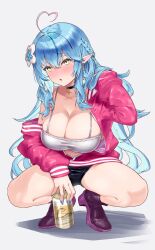 Rule 34 | 1girl, ahoge, alcohol, alternate costume, beer, beer can, black choker, black footwear, black shorts, blue hair, blue nails, blush, braid, breasts, can, choker, cleavage, collarbone, drink can, earrings, flower, full body, hair between eyes, hair flower, hair ornament, hand up, heart, heart ahoge, highres, holding, holding can, hololive, jacket, jewelry, large breasts, long hair, looking at viewer, open mouth, pink jacket, pointy ears, shadow, shorts, simple background, solo, squatting, thighs, very long hair, virtual youtuber, white background, yellow eyes, yukihana lamy, yumemori jabara