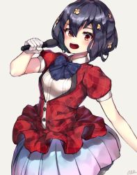Rule 34 | 10s, 1girl, :o, artist name, black hair, blush, breasts, brown eyes, gloves, hair between eyes, hand up, highres, microphone, mizuno ai, music, pohdae, short sleeves, simple background, singing, skirt, small breasts, white gloves, zombie land saga