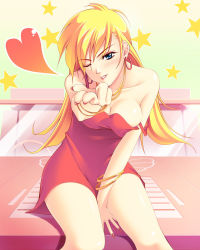 Rule 34 | 10s, 1girl, bad id, bad pixiv id, blonde hair, blowing kiss, blue eyes, blush, breasts, cleavage, collar, dress, earrings, heart, jewelry, large breasts, long hair, looking at viewer, lots of jewelry, nail polish, one eye closed, panty &amp; stocking with garterbelt, panty (psg), red dress, red nails, red skirt, see-through (psg), skirt, smile, solo, wink, yuhji