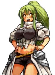 Rule 34 | 1girl, :d, bike shorts, blush, breasts, female focus, green hair, hands on own hips, high ponytail, large breasts, long hair, navel, open mouth, original, ponytail, sachito, sidelocks, simple background, smile, solo, sumi-chan (sachito), white background, yellow eyes