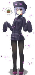 Rule 34 | 1girl, absurdres, black pantyhose, blush, enderman, highres, looking at viewer, minecraft, pantyhose, personification, plan (planhaplalan), purple eyes, purple hair, ribbed sweater, short hair with long locks, simple background, sleeves past wrists, solo, sweater, white background