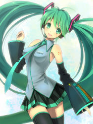 Rule 34 | 1girl, breasts, detached sleeves, female focus, gradient background, green eyes, green hair, hatsune miku, headset, long hair, matching hair/eyes, necktie, sakuyamochi, skirt, smile, solo, thighhighs, twintails, very long hair, vocaloid