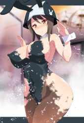 Rule 34 | 1girl, absurdres, animal ears, armpit peek, blurry, blurry background, bodypaint, breasts, brown eyes, brown hair, chandelier, cleavage, closed mouth, commentary request, completely nude, detached collar, girls und panzer, highres, indoors, leotard, letterboxed, looking at viewer, mika (girls und panzer), nakamura yukitoshi, navel, nipples, nude, painted clothes, playboy bunny, rabbit ears, rabbit pose, smile, solo, standing, stomach, thighs, tulip hat, wrist cuffs