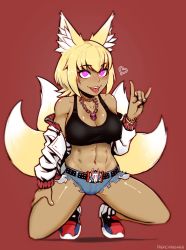 Rule 34 | 1girl, abs, animal ear fluff, animal ears, bare shoulders, belt, blonde hair, breasts, character request, copyright request, dark skin, fangs, fox ears, fox girl, fox shadow puppet, fox tail, frenchthenhen, heart, highres, jewelry, looking at viewer, midriff, purple eyes, red background, ring, shoes, simple background, sneakers, solo, squatting, tail, tongue, tongue out, virtual youtuber