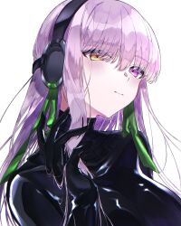 1girl absurdres black_bodysuit black_gloves blush bodysuit breasts elbow_gloves fate/grand_order fate_(series) giant giantess gimp_suit gloves green_ribbon hair_ribbon hairband heterochromia highres kingprotea_(fate) large_breasts latex latex_bodysuit long_hair looking_at_viewer purple_eyes purple_hair ribbon shidare_yanagi solo very_long_hair xochitonal_(fate) yellow_eyes