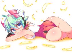Rule 34 | 1girl, ahoge, ass, azure striker gunvolt, bare shoulders, blue eyes, breast press, breasts, cougar (cougar1404), elbow gloves, gloves, green hair, headgear, huge ass, leotard, looking at viewer, lying, on side, roro (gunvolt), shiny clothes, shiny skin, short hair, solo, wedgie, wide hips