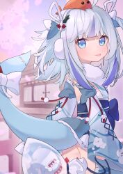 Rule 34 | 1girl, bloop (gawr gura), blue eyes, blue hair, blunt bangs, cp2980606, detached sleeves, earmuffs, fins, fish tail, gawr gura, gawr gura (new year), grey hair, highres, hololive, hololive english, japanese clothes, kimono, long hair, looking at viewer, medium hair, multicolored hair, official alternate costume, shark girl, shark tail, shrimp, solo, streaked hair, tail, tongue, tongue out, two side up, virtual youtuber