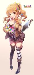 Rule 34 | 1girl, absurdres, asymmetrical legwear, belt, black bra, blonde hair, blush, boots, bow, bra, bra visible through clothes, breasts, brown eyes, cleavage, collarbone, collared shirt, cosplay, cross-laced footwear, curly hair, eyelashes, full body, gem, girls&#039; frontline, gloves, gradient background, hair bow, hair ornament, high heel boots, high heels, highres, holding, idolmaster, idolmaster cinderella girls, jacket, kalina (girls&#039; frontline), kalina (girls&#039; frontline) (cosplay), knee boots, lace, lace-trimmed bra, lace-up boots, lace trim, large breasts, long hair, long sleeves, looking at viewer, moroboshi kirari, muloli, open clothes, open jacket, open mouth, pleated skirt, pocket, ponytail, see-through, shirt, sidelocks, simple background, skirt, smile, solo, standing, star (symbol), striped clothes, striped shirt, striped thighhighs, tablet pc, thighhighs, underwear, uneven legwear, w, zettai ryouiki