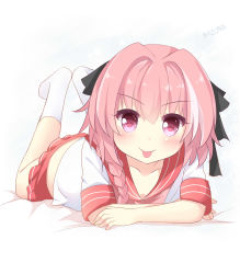 Rule 34 | 1boy, :p, absurdres, aged down, astolfo (fate), astolfo (sailor paladin) (fate), bed sheet, blush, braid, fate/apocrypha, fate (series), hair intakes, hair over shoulder, highres, ikazu401, long hair, looking at viewer, lying, male focus, no shoes, official alternate costume, on bed, on stomach, pink eyes, pink hair, pink skirt, pleated skirt, shirt, short sleeves, signature, simple background, skirt, smile, socks, solo, tongue, tongue out, trap, white background, white shirt