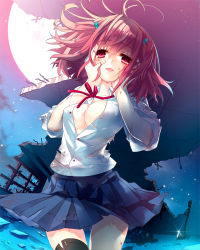 Rule 34 | 1girl, black thighhighs, blood, blush, breasts, cleavage, e-nya, hair bobbles, hair ornament, hands on own cheeks, hands on own face, medium breasts, moon, moriah saga, night, night sky, no bra, open clothes, open mouth, pink hair, red eyes, ruins, school uniform, short hair, skirt, sky, sleeves rolled up, solo, star (sky), thighhighs, torn clothes, unbuttoned