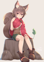 Rule 34 | 1girl, animal ear fluff, animal ears, blush, boots, brown eyes, brown footwear, brown hair, capelet, chita (ketchup), closed mouth, eyelashes, green shorts, hand on own knee, hand on own shoulder, highres, looking at viewer, original, red capelet, short hair, shorts, signature, sitting, solo, squirrel ears, squirrel tail, tail