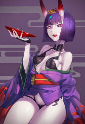 Rule 34 | 1girl, absurdres, bare shoulders, bob cut, breasts, bridal gauntlets, collarbone, cup, eyeliner, fangs, fate/grand order, fate (series), headpiece, highres, horns, japanese clothes, kimono, long sleeves, looking at viewer, makeup, obi, oni, open mouth, purple eyes, purple hair, purple kimono, revealing clothes, sakazuki, sash, short hair, short kimono, shuten douji (fate), skin-covered horns, small breasts, smile, solo, thighs, wakusei-planet, wide sleeves