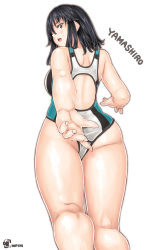 Rule 34 | 1girl, absurdres, alternate costume, artist logo, artist name, ass, back, black hair, blush, breasts, character name, competition swimsuit, embarrassed, from below, hair between eyes, highres, kantai collection, large breasts, long hair, looking at viewer, looking back, looking to the side, medium hair, notchi, one-piece swimsuit, open mouth, red eyes, simple background, solo, surprised, swimsuit, thighs, white background, yamashiro (kancolle)