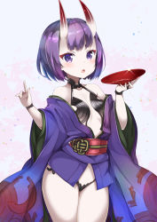 Rule 34 | 1girl, alcohol, bare shoulders, commentary request, cup, fang, fate/grand order, fate (series), fingernails, hands up, highres, holding, horns, index finger raised, japanese clothes, kimono, long sleeves, looking at viewer, obi, off shoulder, oni, parted lips, pilokey, purple eyes, purple hair, purple kimono, sakazuki, sake, sash, short eyebrows, short kimono, shuten douji (fate), skin-covered horns, solo, thick eyebrows, wide sleeves