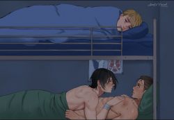 Rule 34 | 1girl, 2boys, aftersex, annlu vazzel, armin arlert, bed, black hair, blanket, blonde hair, blush, bunk bed, colossal titan, covering privates, eren yeager, hand on another&#039;s chest, how i met your mother, looking up, lying, lying on another, mikasa ackerman, multiple boys, muscular, muscular female, nude, pillow, scar, shingeki no kyojin, short hair, smile, survey corps (emblem), sweat, titan (shingeki no kyojin)