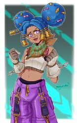 Rule 34 | 1girl, absurdres, ain (ptah) (dislyte), artist name, blue hair, brown lips, brown neckerchief, clenched hands, commentary, contrapposto, crop top, dark-skinned female, dark skin, dislyte, double bun, english commentary, freckles, glasses, gloves, grey gloves, hair bun, highres, mercuriika, midriff, navel, neckerchief, pants, purple eyes, purple pants, round eyewear, signature, smile, solo