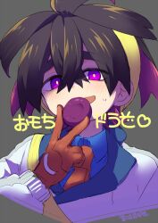 Rule 34 | 1boy, 24x24, black hair, blue shirt, blush, collared shirt, creatures (company), cropped shoulders, food, game freak, gloves, grey background, holding, holding food, jacket, kieran (pokemon), looking at viewer, male focus, mochi, multicolored hair, necktie, nintendo, open mouth, pokemon, pokemon sv, purple eyes, purple hair, red gloves, red necktie, shirt, signature, simple background, solo, sweat, upper body, white jacket