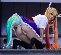Rule 34 | 1girl, absurdres, ass, bent over, blonde hair, blush, breasts, cleavage, cosplay, feet, from behind, highres, horns, kobayashi-san chi no maidragon, large breasts, lizard tail, looking back, model, monster girl, no shoes, panties, photo (medium), plump, skirt, solo, spikes, tagme, tail, thighs, tohru (maidragon), tooru (maidragon) (cosplay), uncensored, underwear, upskirt