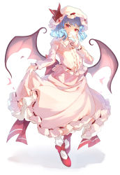 Rule 34 | 1girl, absurdres, bat wings, blue hair, bow, dress, footwear bow, full body, hat, hat ribbon, highres, holding, holding clothes, holding dress, long sleeves, looking at viewer, mob cap, red bow, red eyes, red footwear, red ribbon, remilia scarlet, ribbon, shirt, short hair, simple background, skirt, smile, solo, standing, tamiku (shisyamo609), touhou, white background, white hat, white legwear, white shirt, white skirt, wings