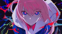 Rule 34 | 1girl, abstract background, blue eyes, blue jacket, close-up, commentary request, glowing, glowing eyes, highres, hood, hood down, hooded jacket, jacket, kaf (kamitsubaki studio), kamitsubaki studio, long hair, looking at viewer, multicolored eyes, pink hair, raivarune, serious, sketch, solo, staring, straight-on, virtual youtuber, yellow pupils