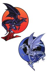 Rule 34 | absurdres, blue eyes white dragon, claws, dragon, duel monster, highres, horns, no humans, red eyes black dragon, tail, takahashi kazuki, teeth, wings, yu-gi-oh!
