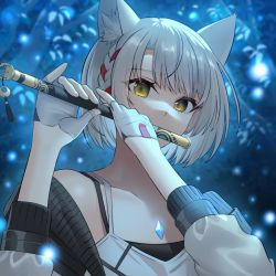 Rule 34 | 1girl, akagi kurage, animal ear fluff, animal ears, blurry, blurry background, cat ears, chest jewel, fingerless gloves, flute, gloves, grey hair, holding, holding instrument, instrument, jacket, leaf, looking at viewer, mio (xenoblade), music, off shoulder, open clothes, open jacket, playing instrument, short hair, solo, spoilers, tank top, tassel, upper body, white gloves, xenoblade chronicles (series), xenoblade chronicles 3, yellow eyes