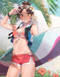Rule 34 | 1girl, :d, arm up, bare shoulders, bikini, bikini top only, bikini under clothes, blue vest, blush, breasts, brown eyes, brown hair, cleavage, collarbone, commentary request, cowboy shot, d.va (overwatch), day, earrings, facial mark, floral print, flower, front-tie bikini top, front-tie top, glint, hair flower, hair ornament, hibiscus, highres, holding, holding behind back, jewelry, key, lino chang, looking at viewer, medium breasts, nail polish, navel, official alternate costume, open clothes, open mouth, open vest, outdoors, overwatch, overwatch 1, palm tree, parted bangs, pink bikini, pink nails, ponytail, print bikini, red shorts, ribbon, shadow, short hair, shorts, side-tie bikini bottom, smile, solo, sunlight, surfboard, swimsuit, teeth, thighs, tree, underboob, vest, water, waveracer d.va, wet, whisker markings, white flower, white ribbon, wristband