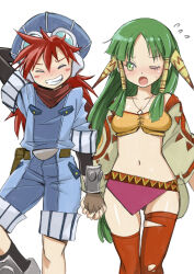 Rule 34 | 1boy, 1girl, ;o, absurdres, arm behind back, arm up, asymmetrical legwear, bandana, bandeau, blue headwear, blue jumpsuit, blush stickers, breasts, cleavage, collarbone, eyelashes, feena (grandia), fingerless gloves, flying sweatdrops, gloves, goggles, goggles on headwear, grandia, grandia i, green eyes, green hair, grin, hair between eyes, hair tubes, hat, highres, holding hands, interlocked fingers, jewelry, jumpsuit, justin (grandia), long hair, looking at another, looking to the side, medium breasts, miniskirt, muramasa mikado, navel, necklace, one eye closed, open mouth, parted bangs, pink skirt, red bandana, red hair, red thighhighs, simple background, skindentation, skirt, smile, thighhighs, torn clothes, torn thighhighs, uneven legwear, very long hair, white background, yellow bandeau