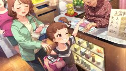 Rule 34 | brown hair, counter, flower, game cg, grin, idolmaster, idolmaster million live!, idolmaster million live! theater days, official art, one eye closed, pants, purple eyes, side ponytail, smile, yokoyama nao