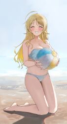 Rule 34 | 1girl, ^ ^, absurdres, ahoge, ball, bare legs, bare shoulders, barefoot, beach, beachball, bikini, blonde hair, blue sky, blush, breasts, cleavage, closed eyes, cloud, collarbone, day, facing viewer, full body, hachimiya meguru, highres, holding, holding ball, holding beachball, idolmaster, idolmaster shiny colors, kneeling, large breasts, long hair, looking at viewer, navel, ocean, outdoors, pdal (pdalhhh), sky, smile, solo, stomach, strapless, strapless bikini, swimsuit, thighs, very long hair, white bikini