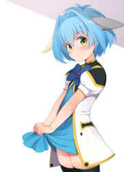 Rule 34 | 1girl, animal ears, black thighhighs, blue bow, blue bowtie, blue dress, blue hair, blush, bow, bowtie, brooch, clothes lift, dress, dress lift, galaxy angel, gloves, hair intakes, honda naoki, jacket, jewelry, looking at viewer, military, military uniform, mint blancmanche, puffy short sleeves, puffy sleeves, rabbit ears, short hair, short sleeves, simple background, smile, solo, thighhighs, uniform, white gloves, white jacket, yellow eyes