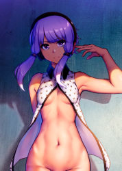 Rule 34 | 1girl, absurdres, against wall, arm behind back, arm up, armpits, bare arms, bare shoulders, bottomless, breasts, breasts apart, closed mouth, collared shirt, cowboy shot, groin, headphones, highres, looking at viewer, navel, nicchi, no bra, open clothes, open shirt, out-of-frame censoring, purple eyes, purple hair, shirt, short hair with long locks, sidelocks, small breasts, smile, solo, stomach, toned, vocaloid, voiceroid, white shirt, yuzuki yukari