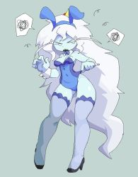 Rule 34 | 1girl, adventure time, animal ears, black footwear, blue background, blue skin, bow, bowtie, breasts, colored skin, covered navel, crown, detached collar, full body, high heels, highres, ice queen (adventure time), leotard, long eyebrows, long hair, neamosub, oekaki, open mouth, playboy bunny, pumps, rabbit ears, sharp teeth, simple background, sleeve cuffs, solo, speech bubble, spoken squiggle, squiggle, standing, strapless, strapless leotard, teeth, thighhighs, very long hair, white eyes, white hair, wrist cuffs
