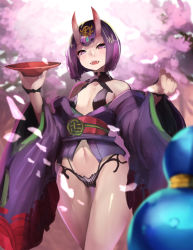 Rule 34 | 1girl, breasts, cherry blossoms, cowboy shot, crossed legs, cup, eyeshadow, fangs, fate/grand order, fate (series), gourd, groin, headpiece, holding, horns, japanese clothes, kimono, long sleeves, looking at viewer, makeup, navel, obi, oni, open clothes, open kimono, petals, pink pupils, purple eyes, purple hair, purple kimono, sakazuki, sash, short hair, shuten douji (fate), skin-covered horns, small breasts, solo, standing, straight hair, teeth, thigh gap, thighs, ton (artist), watson cross, wide sleeves