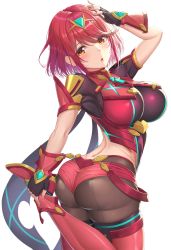 Rule 34 | 1girl, absurdres, bob cut, breasts, chest jewel, earrings, fingerless gloves, gloves, highres, jewelry, large breasts, pantyhose under shorts, nemunemu semi, nintendo, pantyhose, pyra (xenoblade), red eyes, red hair, red pantyhose, short shorts, shorts, simple background, solo, super smash bros., thighhighs, thighs, tiara, xenoblade chronicles (series), xenoblade chronicles 2