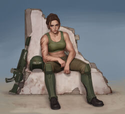 Rule 34 | 1girl, armor, astra militarum, blood, blood on face, breasts, brown eyes, brown hair, closed mouth, commentary, english commentary, greaves, green sports bra, gun, helmet, highres, imperium of man, lasgun, lips, looking at viewer, medium breasts, medium hair, military, navel, sitting, solo, sports bra, stomach, warhammer 40k, weapon, yangzheyy
