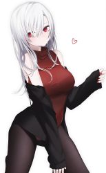 Rule 34 | 1girl, bare shoulders, black jacket, black pantyhose, breasts, closed mouth, expressionless, hair between eyes, heattech leotard, highres, jacket, large breasts, leotard, long hair, looking at viewer, meme attire, migihidari (puwako), nail polish, off shoulder, open clothes, open jacket, original, pantyhose, red eyes, red leotard, red nails, ribbed leotard, simple background, solo, turtleneck, white background, white hair